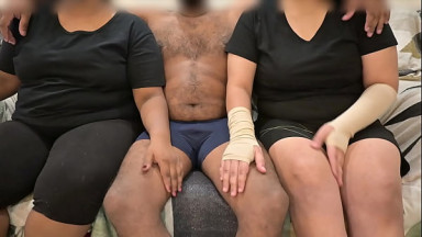 Threesome handjob with wife and friend