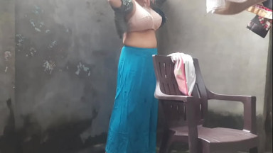 Wife bathing outdoor yard