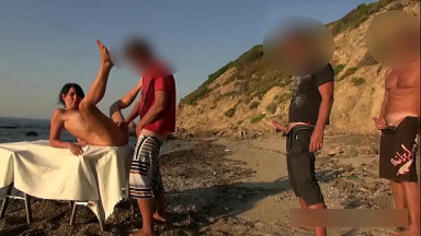 Cum orgy on the hotel beach. Free hole choice!