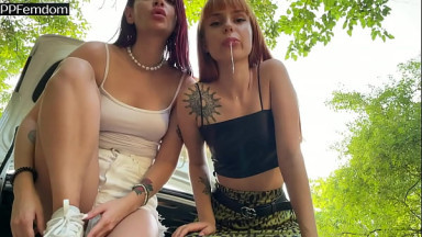 Two Mistresses POV Foot Domination and Spitting Double Femdom Outdoor