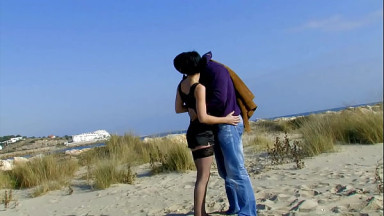 Brunette milf in stocking fucked on a beach