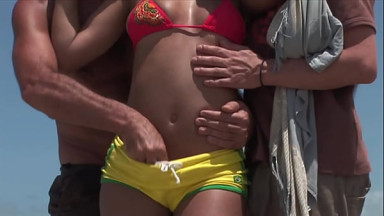 Threesome on beach with black mom