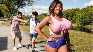 Busty Tiamaria&rsquo;s Oily Threesome with Two Stalkers!
