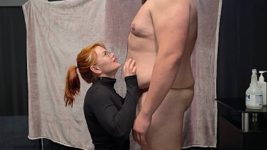 chubby man is kissing on his belly by hot redhair girl, then blowjob, and facial cumshot