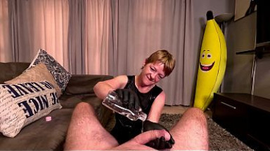 Mature WHORE wearing black dress jerking my BIG COCK in LATEX GLOVES, POV CUMSHOT