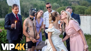 BRIDE4K. Sexy bride with natural tits is having a kinky sex with a groom dressed up as a hound