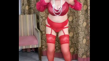 Hot busty milf MariaOld in red stockings and high heels shoes
