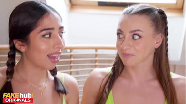 FAKEhub - Workout girls let their cheeky friend film a Threesome
